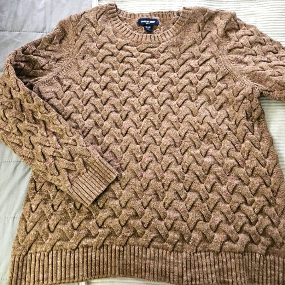 Lands' End Brown W Pink Cable Knit Sweater Size XL/P 18